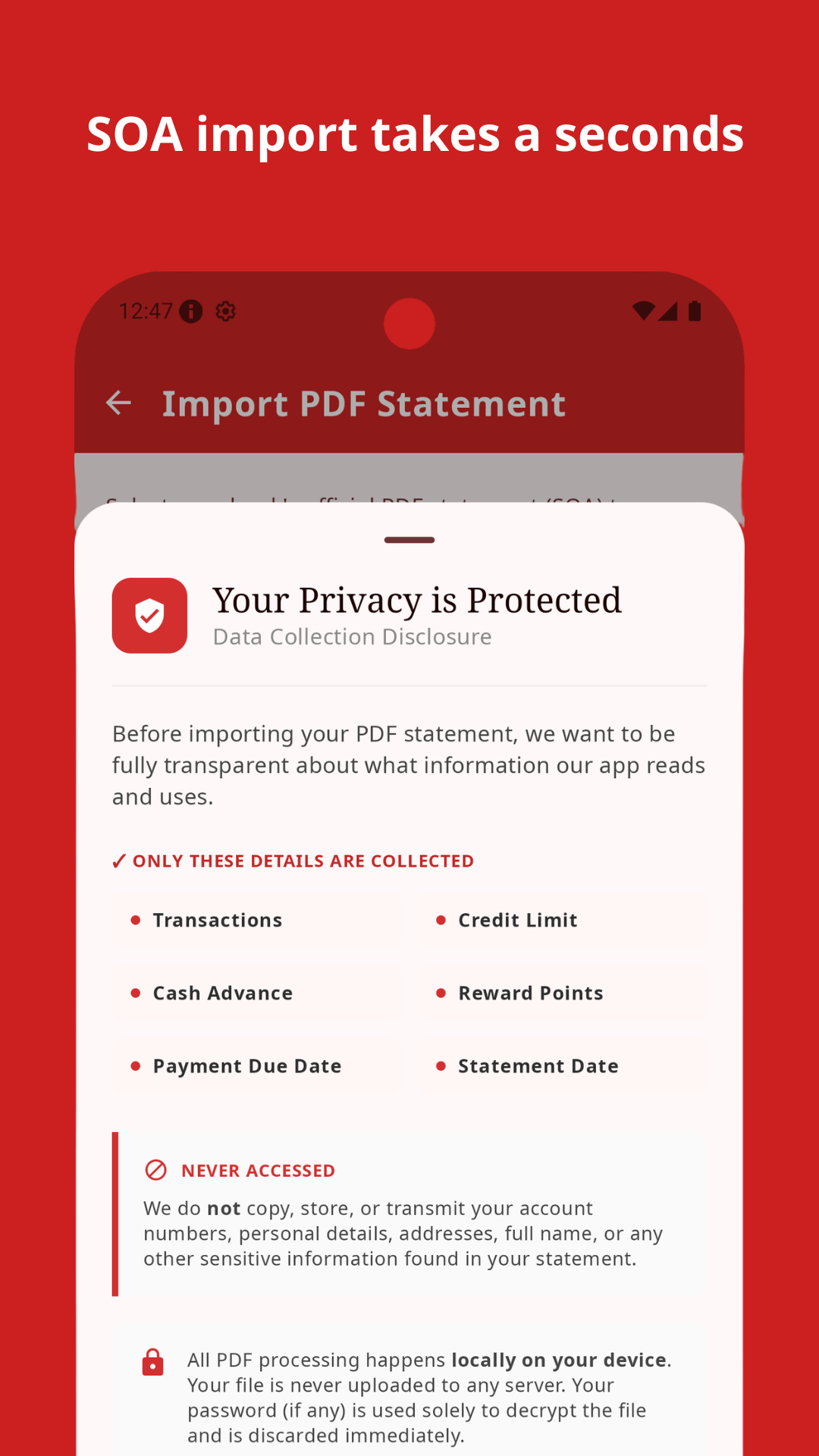 Import PDF Statement privacy modal
